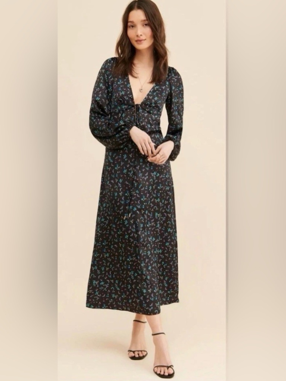 Free People Black Maxi Dress with Blue & Teal Floral Print
